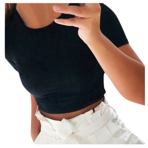 #H30 Solid Color Skinny T Shirt Women Short Sleeve O Neck Casual T-Shirt For Young Girls Gym Sports Crop Top Harajuku Tee Shirt