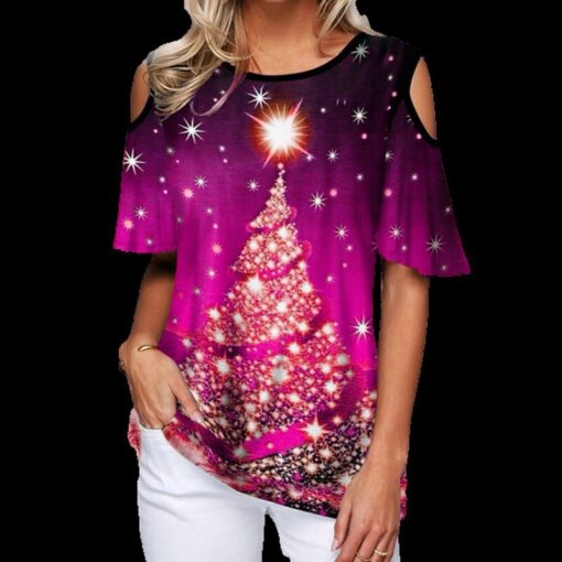 2020 New Women's Shirt Casual Fashion Christmas Trees Printed Lax Round Collar Short Sleeve Tee Female Clothes Christmas T-shirt