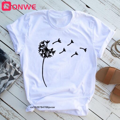 Wildflower Dandelion Women White Print T-Shirt Summer Girl Casual Funny Clothes Lady Yong 90s Harajuku Top Tee,Drop Ship