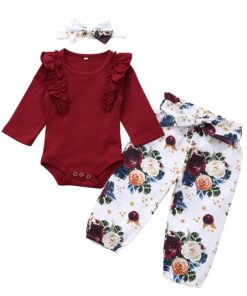 3Pcs Newborn Baby Girl Clothes Set Fashion Autumn Long Sleeve Solid Color Romper Tops Pants Headband Infant Clothing Outfits
