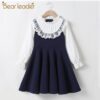 Bear Leader School New Girls Clothing Dress Baby Casual Dress Kids Patchwork Fall Clothes Children Long Sleeve Dress Blue White