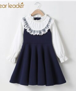 Bear Leader School New Girls Clothing Dress Baby Casual Dress Kids Patchwork Fall Clothes Children Long Sleeve Dress Blue White