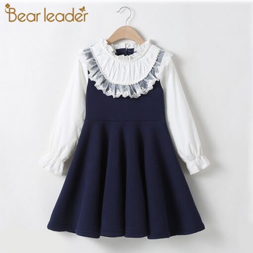 Bear Leader School New Girls Clothing Dress Baby Casual Dress Kids Patchwork Fall Clothes Children Long Sleeve Dress Blue White