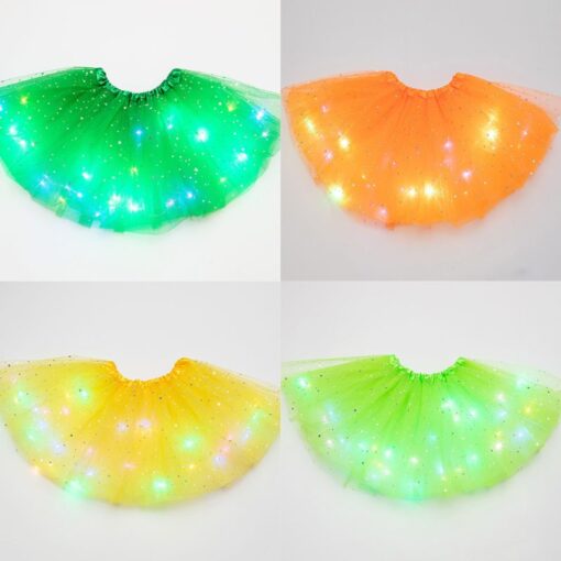 Women Girls Kids Neon LED Tutu Skirt Party Stage Dance Wear Pleated Layered Tulle Light Up Short Dress for 3-12 years old
