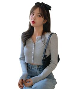 Thin Women's Knitted Cardigan Sexy Solid Color T-shirt Crop Trendy Casual Long Sleeve Women T shirt