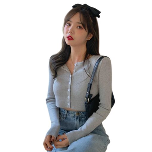 Thin Women's Knitted Cardigan Sexy Solid Color T-shirt Crop Trendy Casual Long Sleeve Women T shirt