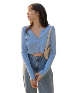 Thin Women's Knitted Cardigan Sexy Solid Color T-shirt Crop Trendy Casual Long Sleeve Women T shirt