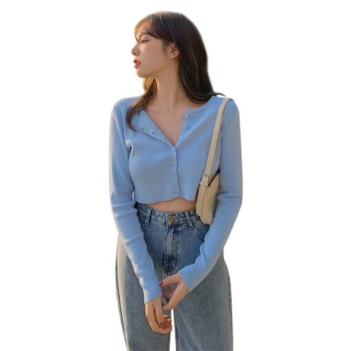 Thin Women's Knitted Cardigan Sexy Solid Color T-shirt Crop Trendy Casual Long Sleeve Women T shirt