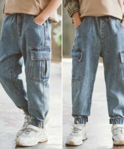 New Jeans For Boys Solid Jeans Pants For Boys Velcro Cargo Pants Kids Jeans Boy Spring Autumn Casual Teenage Clothes For Boys