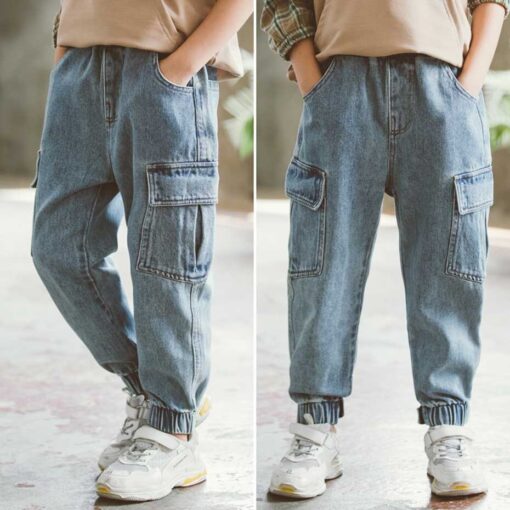 New Jeans For Boys Solid Jeans Pants For Boys Velcro Cargo Pants Kids Jeans Boy Spring Autumn Casual Teenage Clothes For Boys