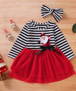 Toddler Baby Girls Christmas Santa Striped Print Tulle Dress+Headband Outfits Princess Party Dress Infantil Children Kids Suit