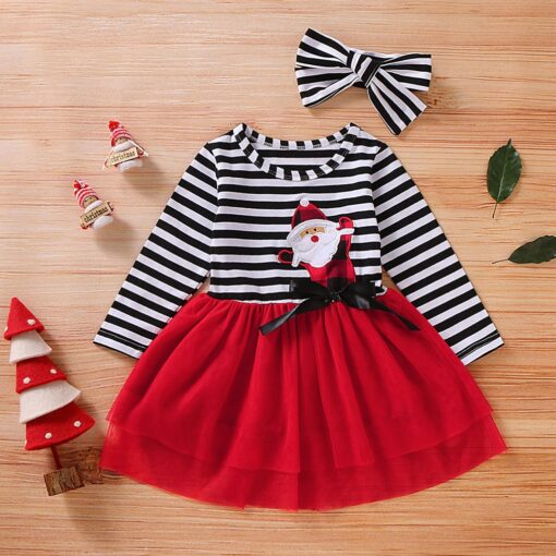 Toddler Baby Girls Christmas Santa Striped Print Tulle Dress+Headband Outfits Princess Party Dress Infantil Children Kids Suit