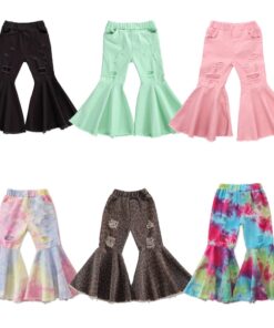 2020 Children Girl Pink Flare Pants Toddler Kids Baby Solid Holes Ripped Boot Cute Flare Long Pants Denim Bell-bottomed Trousers