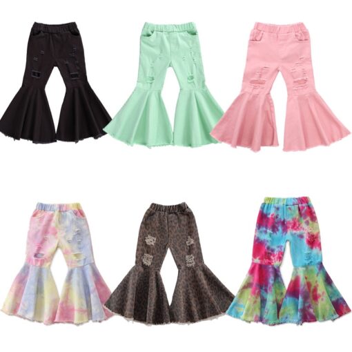 2020 Children Girl Pink Flare Pants Toddler Kids Baby Solid Holes Ripped Boot Cute Flare Long Pants Denim Bell-bottomed Trousers