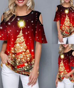 2020 New Women's Shirt Casual Fashion Christmas Trees Printed Lax Round Collar Short Sleeve Tee Female Clothes Christmas T-shirt