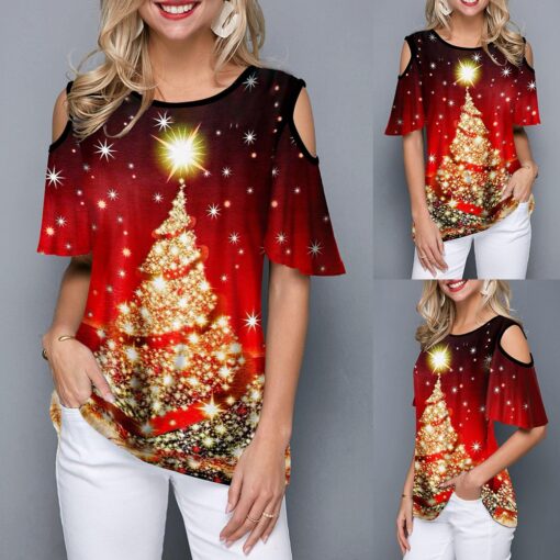 2020 New Women's Shirt Casual Fashion Christmas Trees Printed Lax Round Collar Short Sleeve Tee Female Clothes Christmas T-shirt