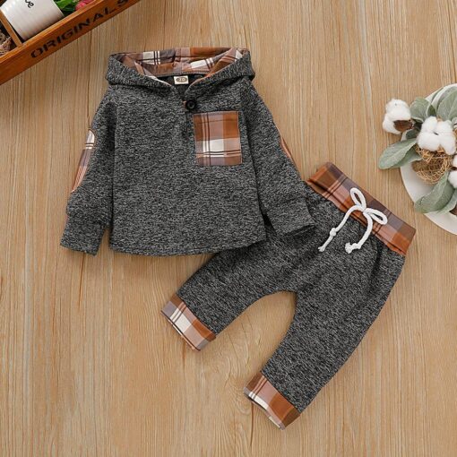 Baby Clothes Boy 6 Months Toddler Boy Winter Clothes Black Long Sleeve Hoodie Gray Plaid Print Cartoon Dinosaur Baby Boy Outfits