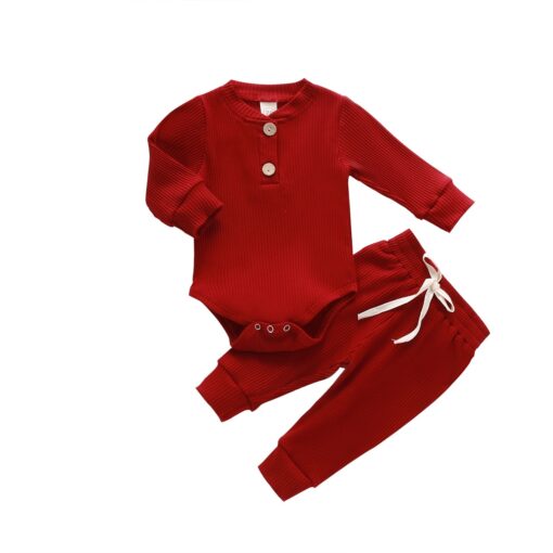Infant Newborn Baby Girls Boys Spring Autumn Ribbed Solid Clothes Sets Long Sleeve Bodysuits + Elastic Pants 2PCs Solid Outfits