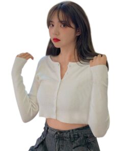 Thin Women's Knitted Cardigan Sexy Solid Color T-shirt Crop Trendy Casual Long Sleeve Women T shirt