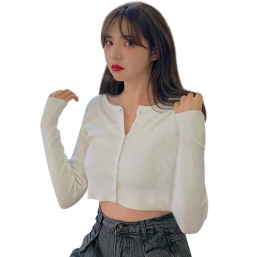Thin Women's Knitted Cardigan Sexy Solid Color T-shirt Crop Trendy Casual Long Sleeve Women T shirt