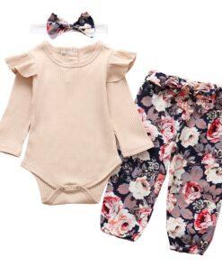 3Pcs Newborn Baby Girl Clothes Set Fashion Autumn Long Sleeve Solid Color Romper Tops Pants Headband Infant Clothing Outfits