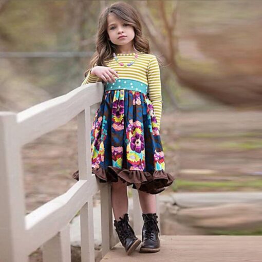 2020 INS Girls Spring and Autum Dress Kids Flower Pastoral Style Striped Long-sleeved Dresses England Cute Princess for Children