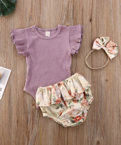 2020 0-24M Baby Hot Summer Clothing Newborn Baby Girl Ruffled Ribbed Bodysuit Floral Shorts Headband 3Pcs Sets Infant Outfits