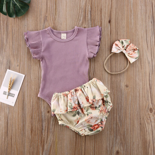 2020 0-24M Baby Hot Summer Clothing Newborn Baby Girl Ruffled Ribbed Bodysuit Floral Shorts Headband 3Pcs Sets Infant Outfits