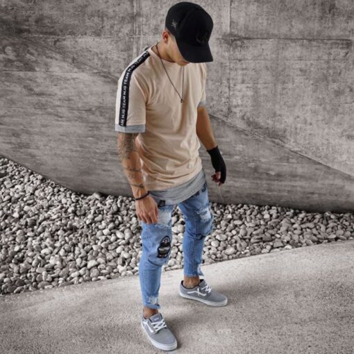 2020 Jeans Men Ripped Patched Badge Painted Jeans Straight Slim Fit Hip Hop Casual Denim Jean For Man Broken Holes Boys