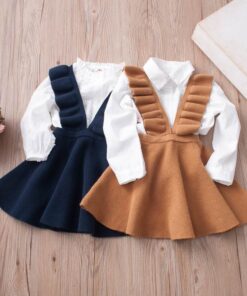 Girls Knitted Dresses European American Style Flare Sleeve Strap Dress Kids Clothes 2-7Y E011
