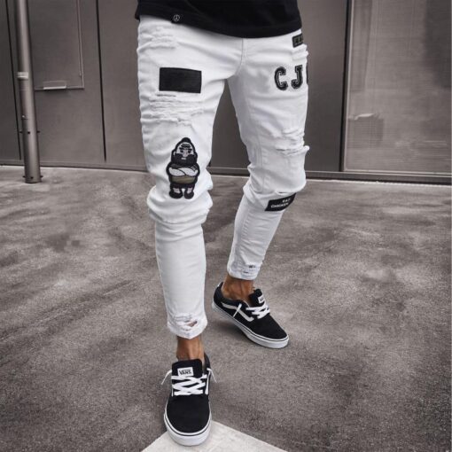 2020 Jeans Men Ripped Patched Badge Painted Jeans Straight Slim Fit Hip Hop Casual Denim Jean For Man Broken Holes Boys