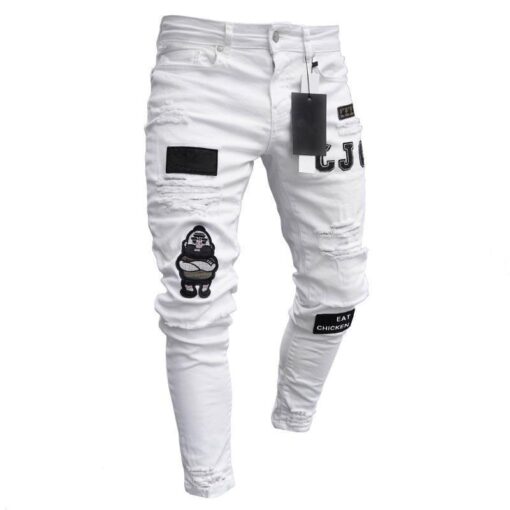 2020 Jeans Men Ripped Patched Badge Painted Jeans Straight Slim Fit Hip Hop Casual Denim Jean For Man Broken Holes Boys