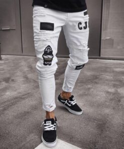 2020 Jeans Men Ripped Patched Badge Painted Jeans Straight Slim Fit Hip Hop Casual Denim Jean For Man Broken Holes Boys