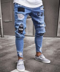 2020 Jeans Men Ripped Patched Badge Painted Jeans Straight Slim Fit Hip Hop Casual Denim Jean For Man Broken Holes Boys