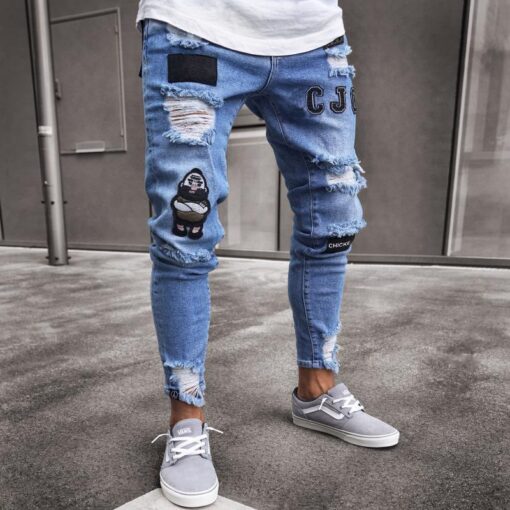 2020 Jeans Men Ripped Patched Badge Painted Jeans Straight Slim Fit Hip Hop Casual Denim Jean For Man Broken Holes Boys
