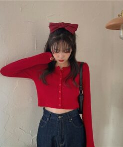 Thin Women's Knitted Cardigan Sexy Solid Color T-shirt Crop Trendy Casual Long Sleeve Women T shirt