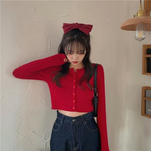 Thin Women's Knitted Cardigan Sexy Solid Color T-shirt Crop Trendy Casual Long Sleeve Women T shirt