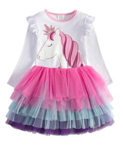 VIKITA Girls Princess Dresses Kids Cartoon Vestidos Children Autumn Dress Kids Dress for Girls Long Sleeve Unicorn Dresses