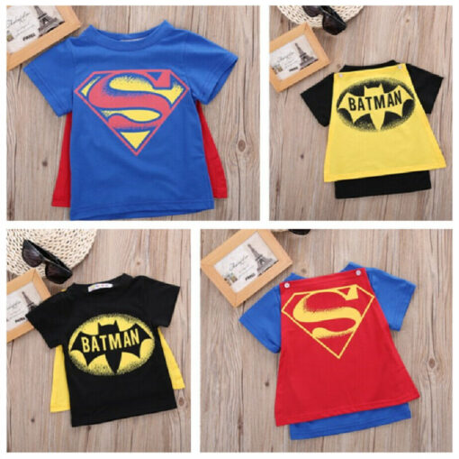 2020 Kids Boys T-shirt Tops with Cape Superman Batman Children summer Short Sleeve t-shirt Tee tops Baby Boys Clothes custume