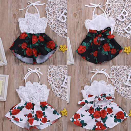 Pudcoco Summer Newborn Baby Girl Clothes Sleeveless Lace Flower Print Strap Romper Jumpsuit One-Piece Outfit Summer Clothes