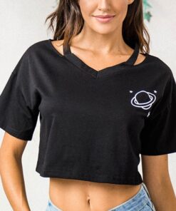 Sexy V-neck tops Harajuku Casual Planet Printed Girls Short Sleeve Top Crop T-Shirt summer tops for women Korean Black gothic