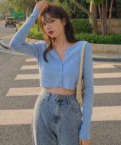 Thin Women's Knitted Cardigan Sexy Solid Color T-shirt Crop Trendy Casual Long Sleeve Women T shirt