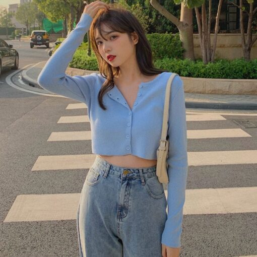 Thin Women's Knitted Cardigan Sexy Solid Color T-shirt Crop Trendy Casual Long Sleeve Women T shirt