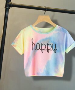 Tie Dye T-Shirts Tops Kids Casual Girls Happy Letter Printed Children tshirt 2020 Summer tshirt for woman Short Sleeve Tees