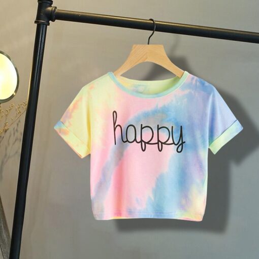 Tie Dye T-Shirts Tops Kids Casual Girls Happy Letter Printed Children tshirt 2020 Summer tshirt for woman Short Sleeve Tees
