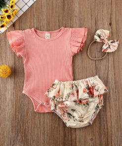 2020 0-24M Baby Hot Summer Clothing Newborn Baby Girl Ruffled Ribbed Bodysuit Floral Shorts Headband 3Pcs Sets Infant Outfits
