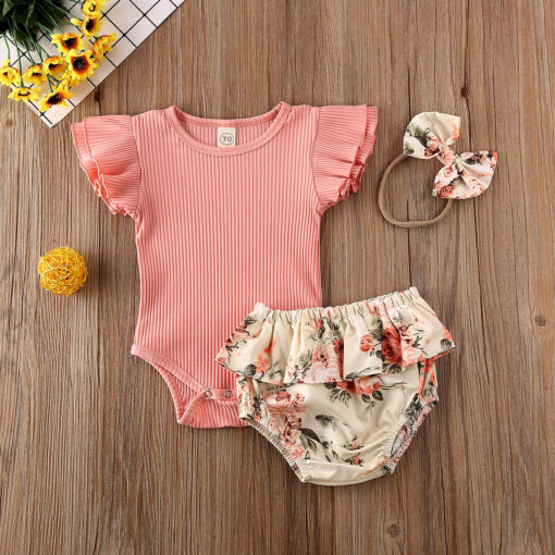 2020 0-24M Baby Hot Summer Clothing Newborn Baby Girl Ruffled Ribbed Bodysuit Floral Shorts Headband 3Pcs Sets Infant Outfits
