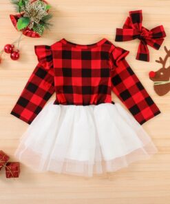 Christmas Letter Plaid Print Tulle Dress+headband Outfits Toddler Baby Girl Clothes Set My First Christmas Baby Girl Outfit