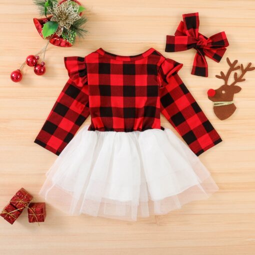 Christmas Letter Plaid Print Tulle Dress+headband Outfits Toddler Baby Girl Clothes Set My First Christmas Baby Girl Outfit