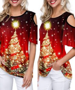 2020 New Women's Shirt Casual Fashion Christmas Trees Printed Lax Round Collar Short Sleeve Tee Female Clothes Christmas T-shirt